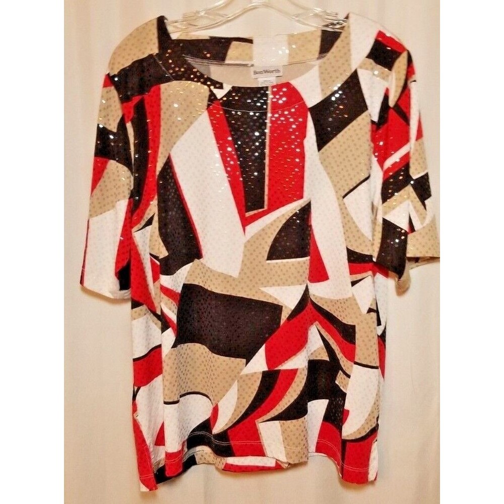 Bon Worth  Women's Top Shimmer Sparkle Geometric Design Top Blouse Large Petite